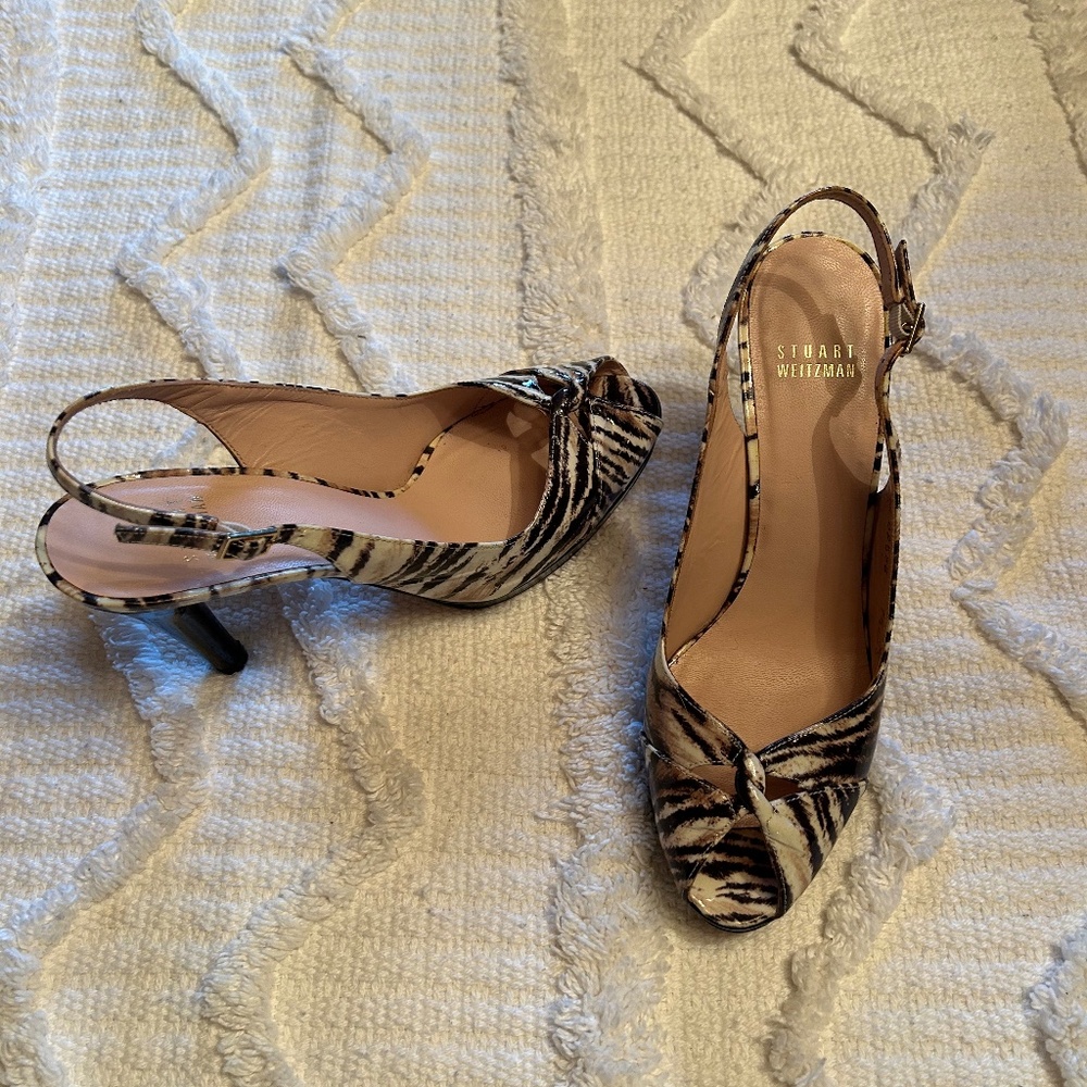 Stuart Weitzman Black and Cream Zebra-Print Slingback Peep-Toe Heels